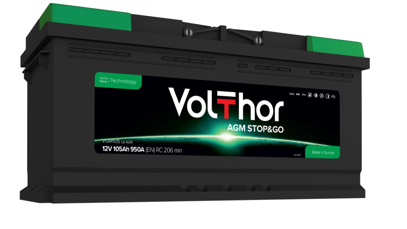 Акумулятор легковий VOLTHOR 6СТ-105(0) (950А) AGM STOP&GO 12B, 105Ah, 950A, плюс зправа (R+) AGM, 393X175X190 мм